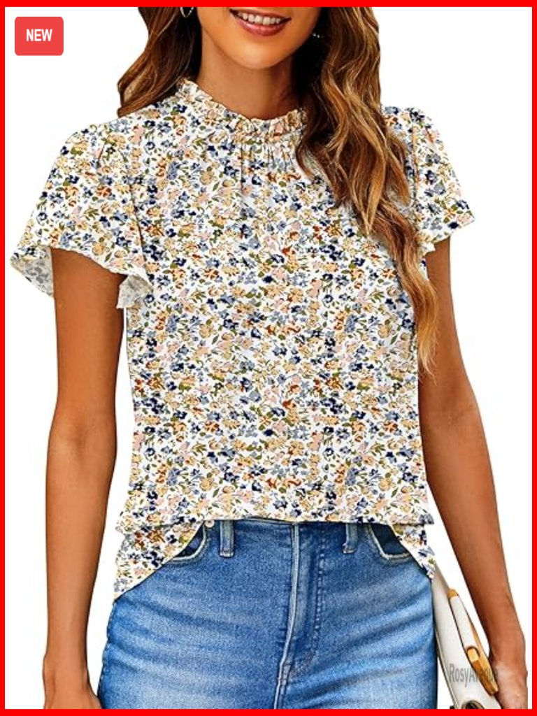 Women Boho Floral Ruffle Mock Neck Short Sleeve Flowy Blouse Top